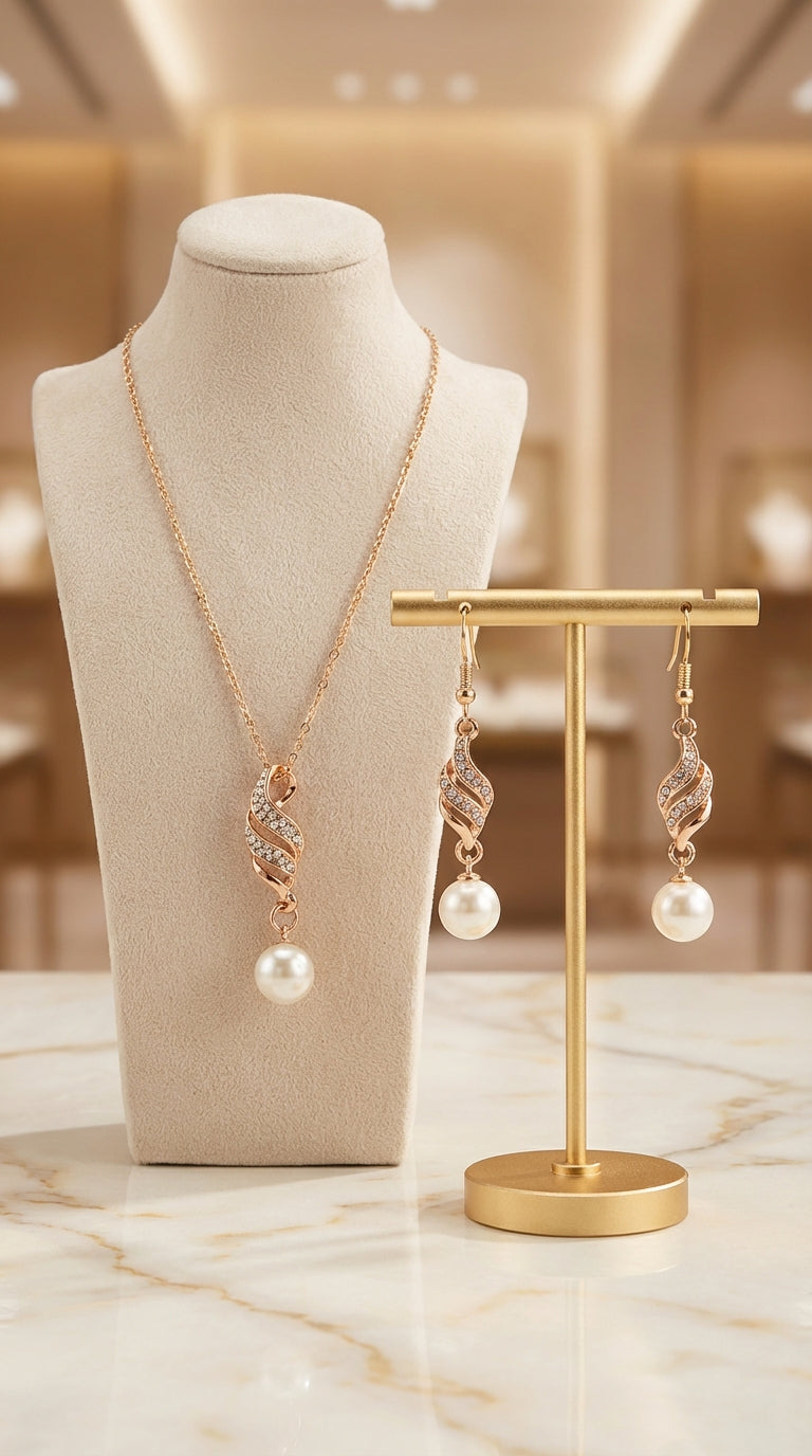 Rose Gold Pearl Jewelry Set – Necklace & Earrings