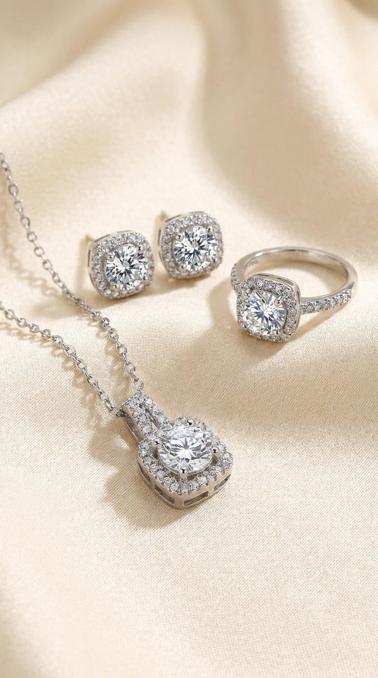 Luxury Square Halo Crystal Jewelry Set – Necklace, Ring & Earrings