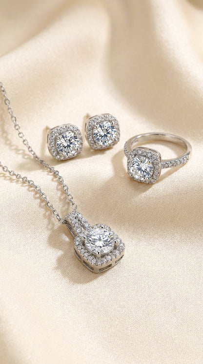 Luxury Square Halo Crystal Jewelry Set – Necklace, Ring & Earrings