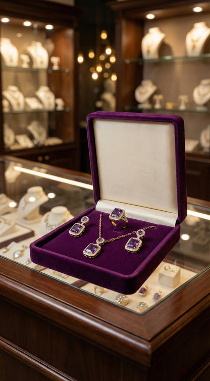 Luxury Purple Gemstone Jewelry Set – Necklace, Ring & Earrings