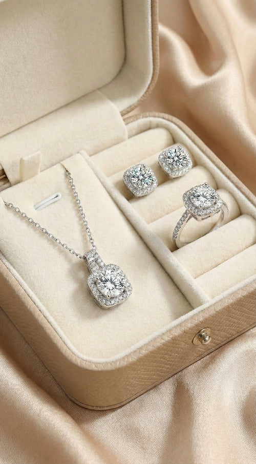 Luxury Square Halo Crystal Jewelry Set – Necklace, Ring & Earrings