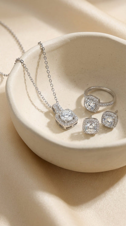 Luxury Square Halo Crystal Jewelry Set – Necklace, Ring & Earrings