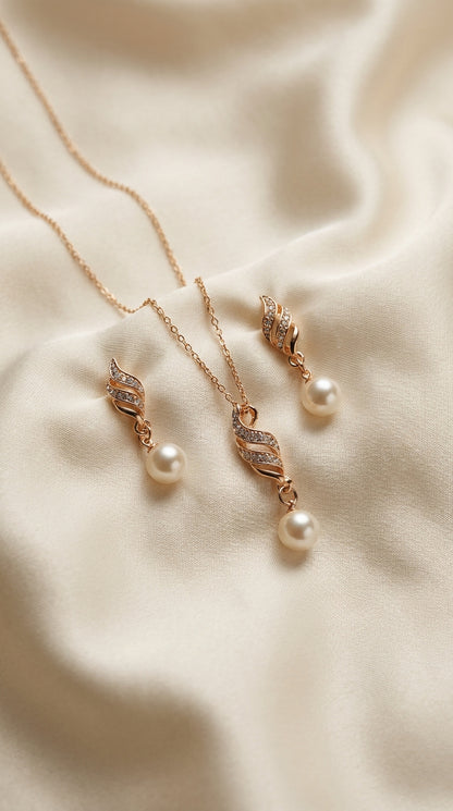 Rose Gold Pearl Jewelry Set – Necklace & Earrings