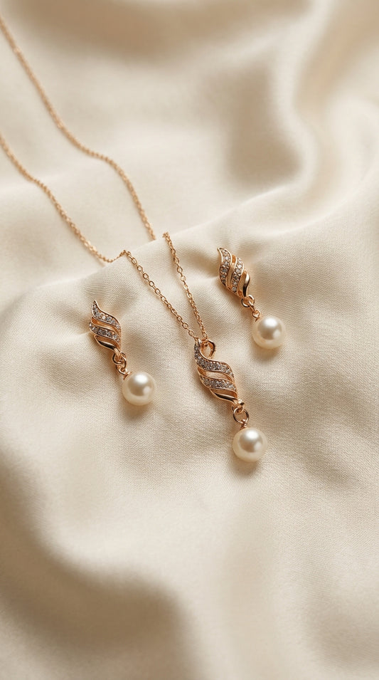 Rose Gold Pearl Jewelry Set – Necklace & Earrings