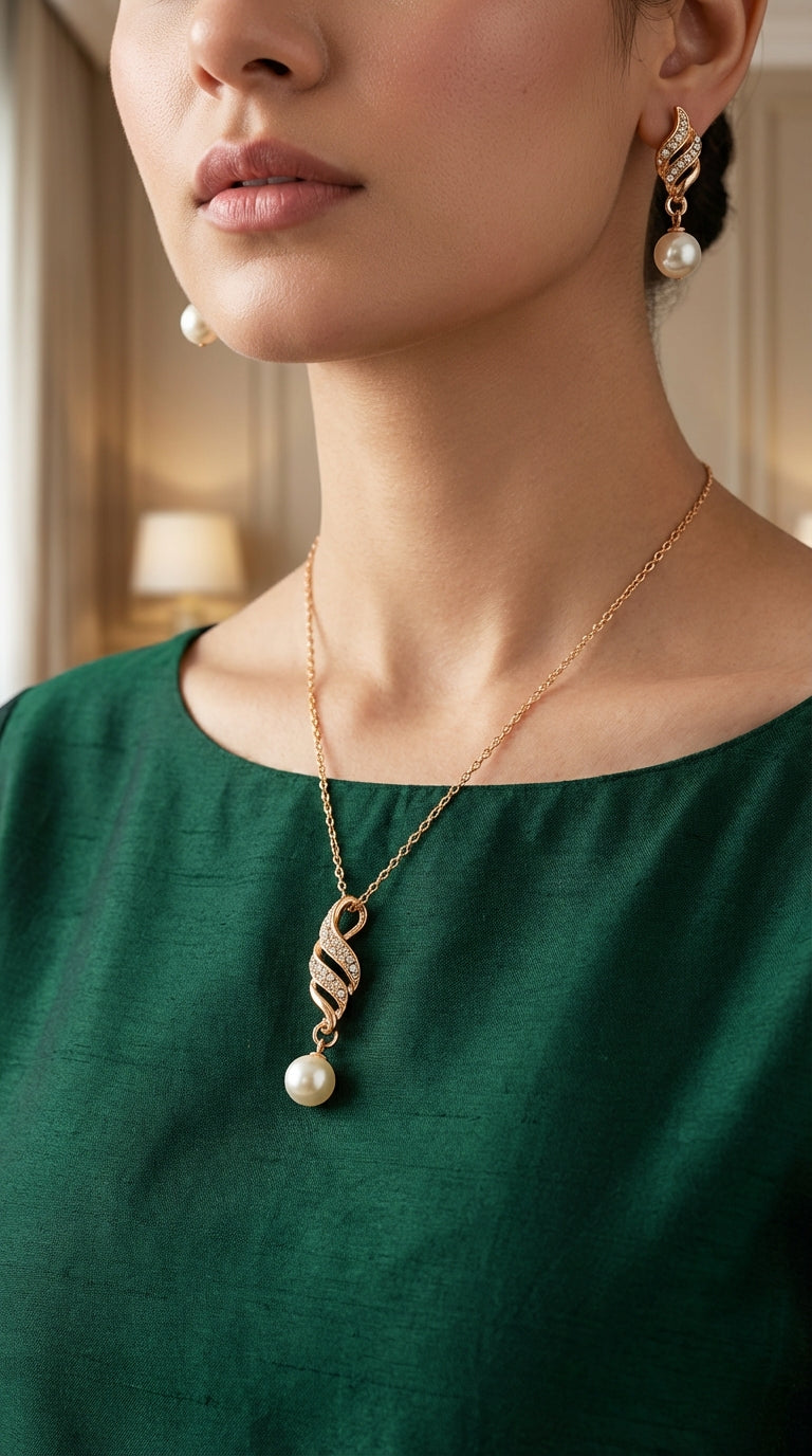 Rose Gold Pearl Jewelry Set – Necklace & Earrings