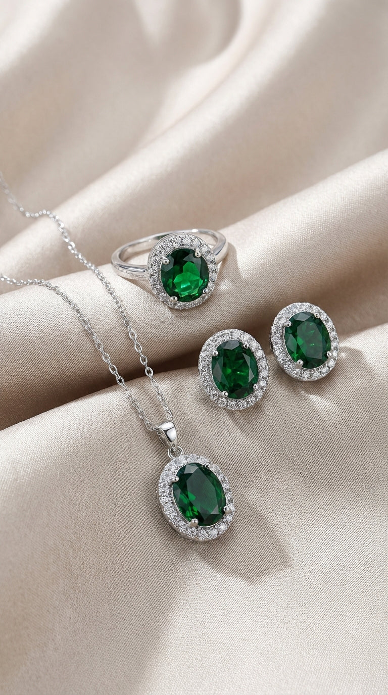 Luxury Emerald Green Jewelry Set – Necklace, Ring & Earrings