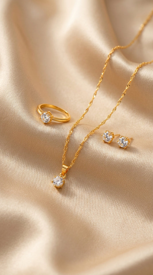 Elegant Gold Crystal Jewelry Set – Necklace, Ring & Earrings