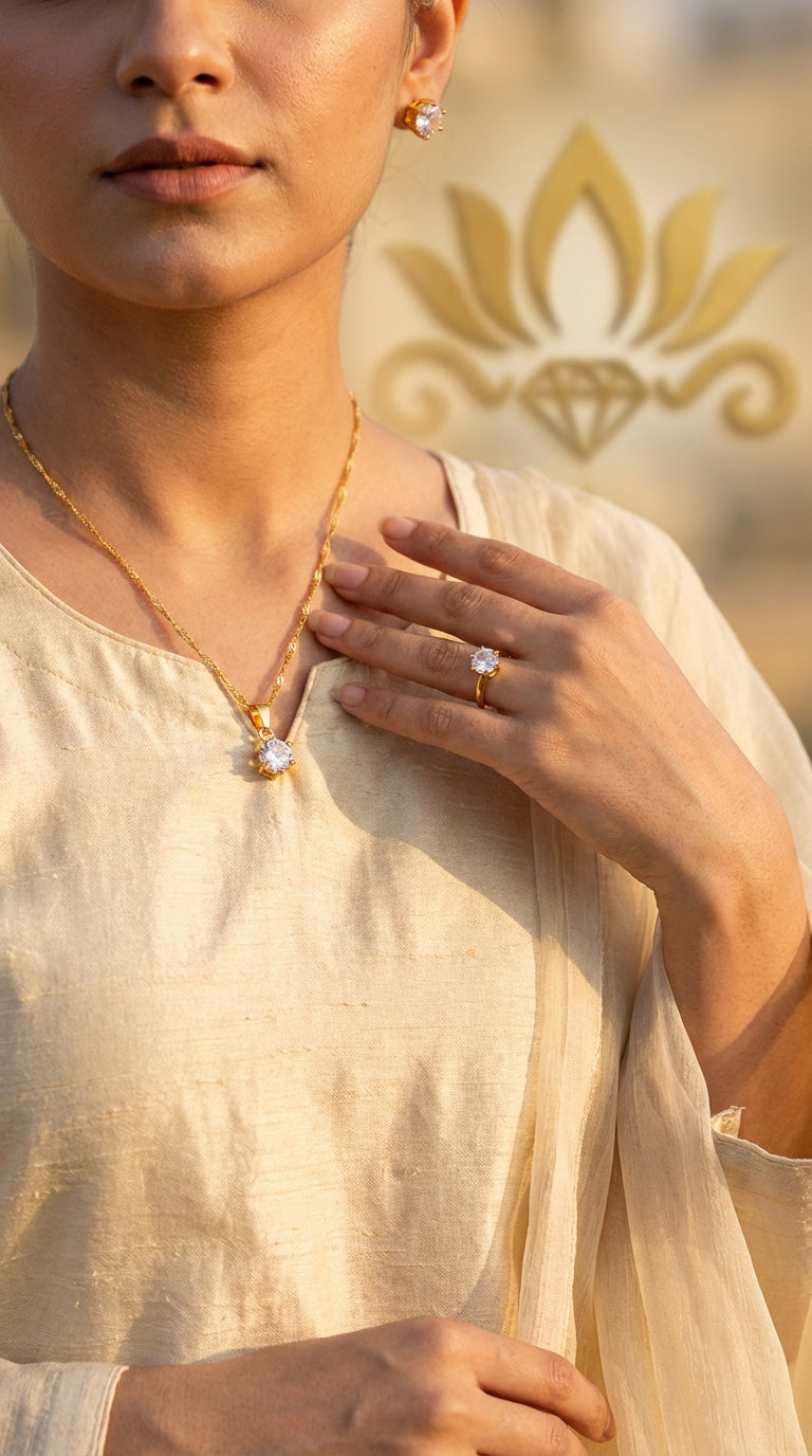 Elegant Gold Crystal Jewelry Set – Necklace, Ring & Earrings