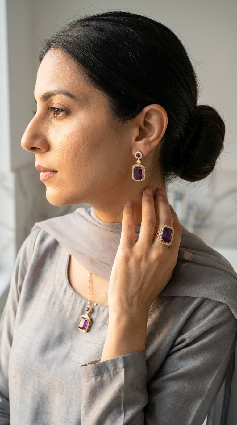 Luxury Purple Gemstone Jewelry Set – Necklace, Ring & Earrings