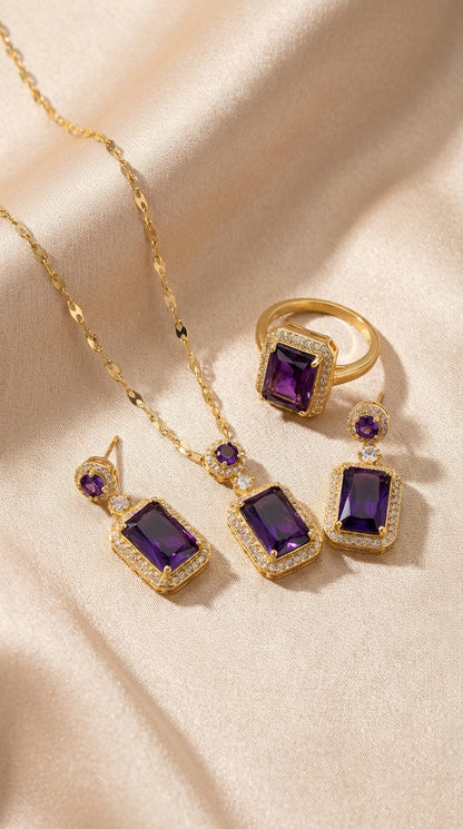 Luxury Purple Gemstone Jewelry Set – Necklace, Ring & Earrings